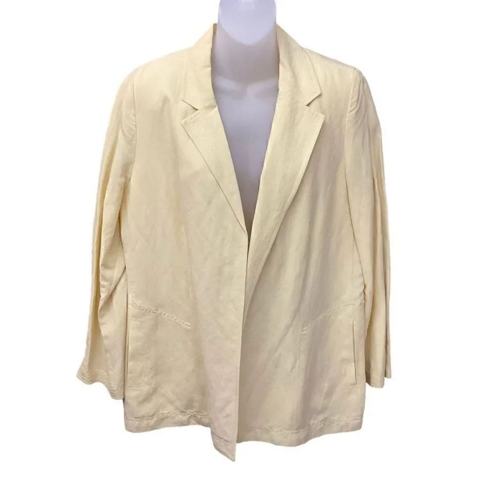 Carlisle Blazer Suit Jacket Linen Silk Blend Open Front Yellow Pockets Women 14